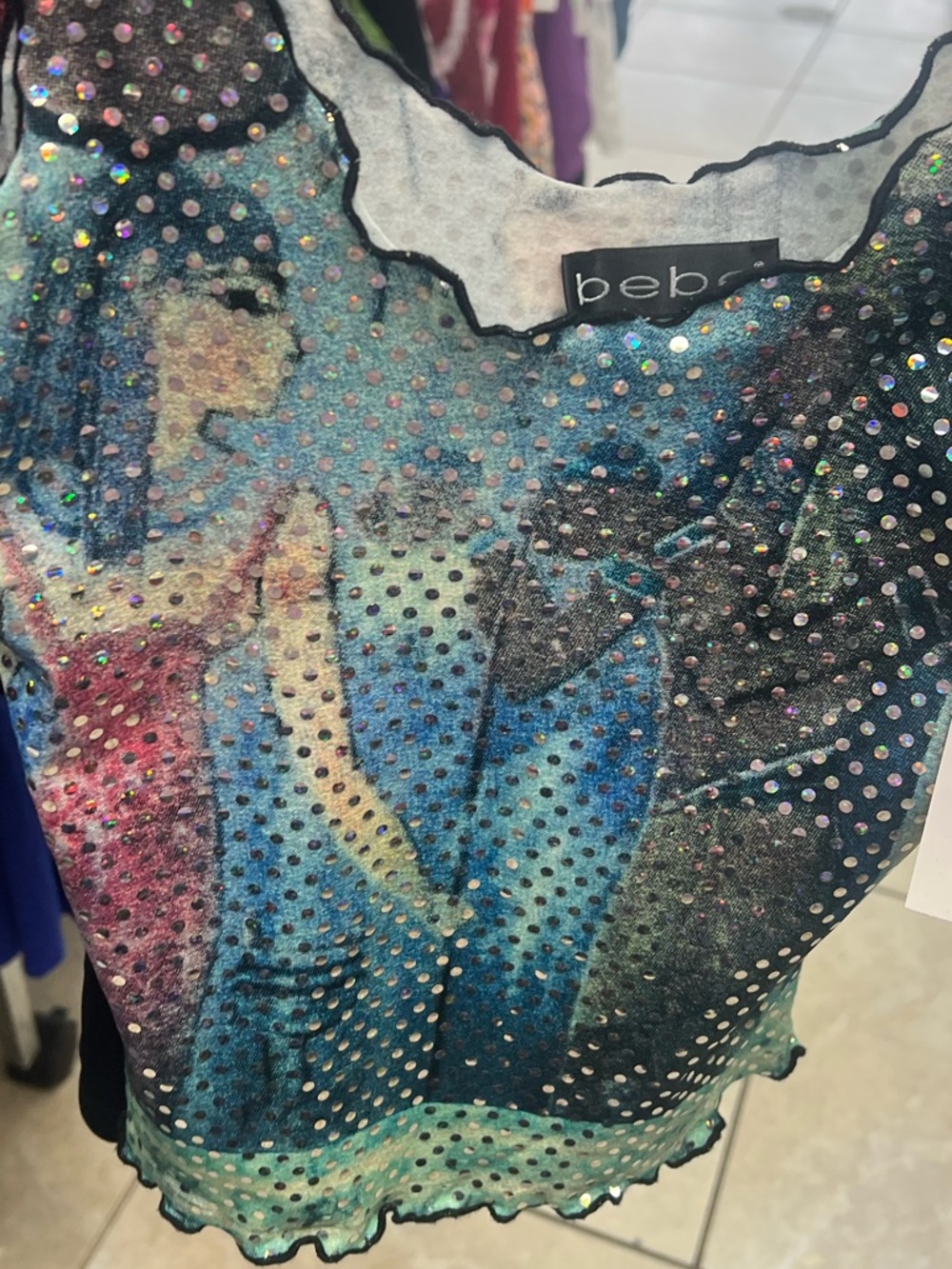 bebe Holographic Sequin Mesh Tank Top - Blue, Teal, Pink